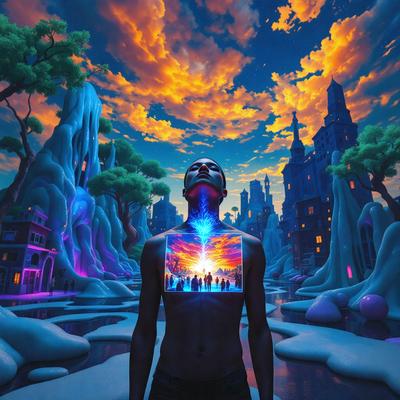 The primary subject of the image is a man with a tattoo of a city skyline on his back. The setting is a surreal, colorful landscape featuring a river, trees, and buildings. The visual style is a combination of digital art and illustration, creating a vibrant and imaginative scene. The colors and mood of the image are lively and energetic, with a strong sense of creativity and artistic expression.